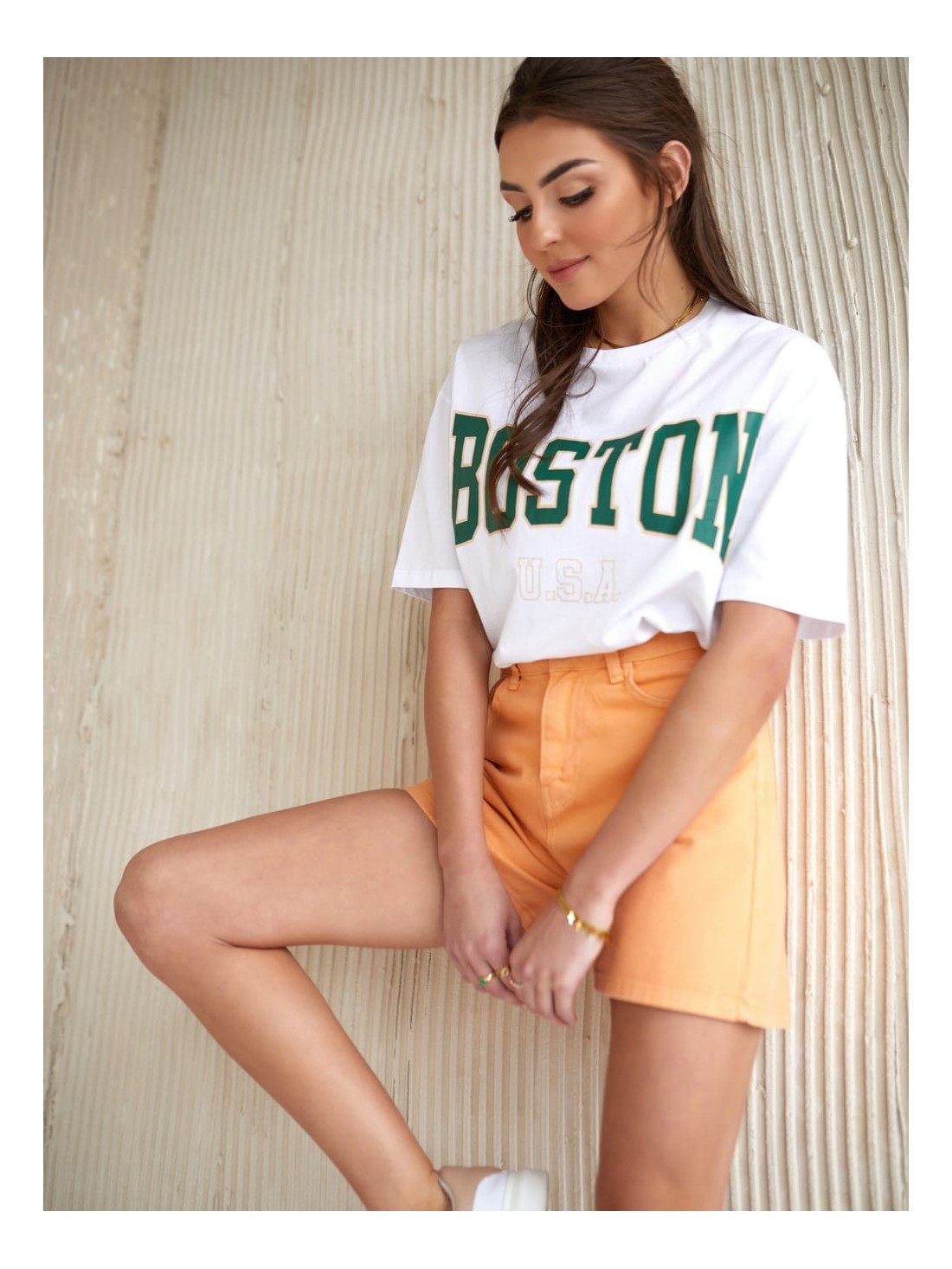 Cotton loose T-shirt with inscriptions, white 0585 - Online store - Boutique